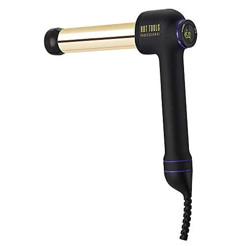 Hot Tools Professional 24k Gold 1 1/4" CURLBAR with a gold barrel and ergonomic black handle. Features include a digital temperature display, built-in curl timer with vibrating notification, glowing light ring, and a 9-foot swivel cord. Reaches up to 450°F for versatile styling on various hair types. Includes a heat-resistant glove for added safety.