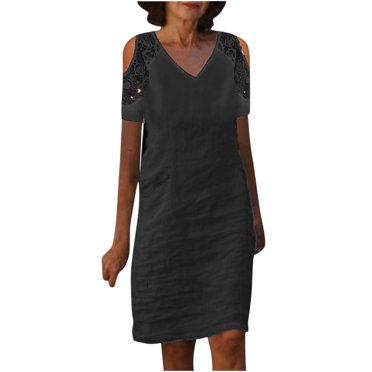 FAIWAD Robes en Coton et Lin pour Femmes, Dentelle Patchwork, Col en V, Robe à Épaules Dénudées, Robe d'Été Décontractée pour la Plage