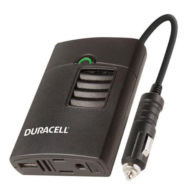 150 Watt Portable Power Inverter by Duracell with a compact black rectangular body, featuring one grounded 3-prong AC outlet, one 2.1 Amp USB port, and a 3-foot cord with a vehicle DC plug, suitable for charging laptops, smartphones, and other devices on the go.