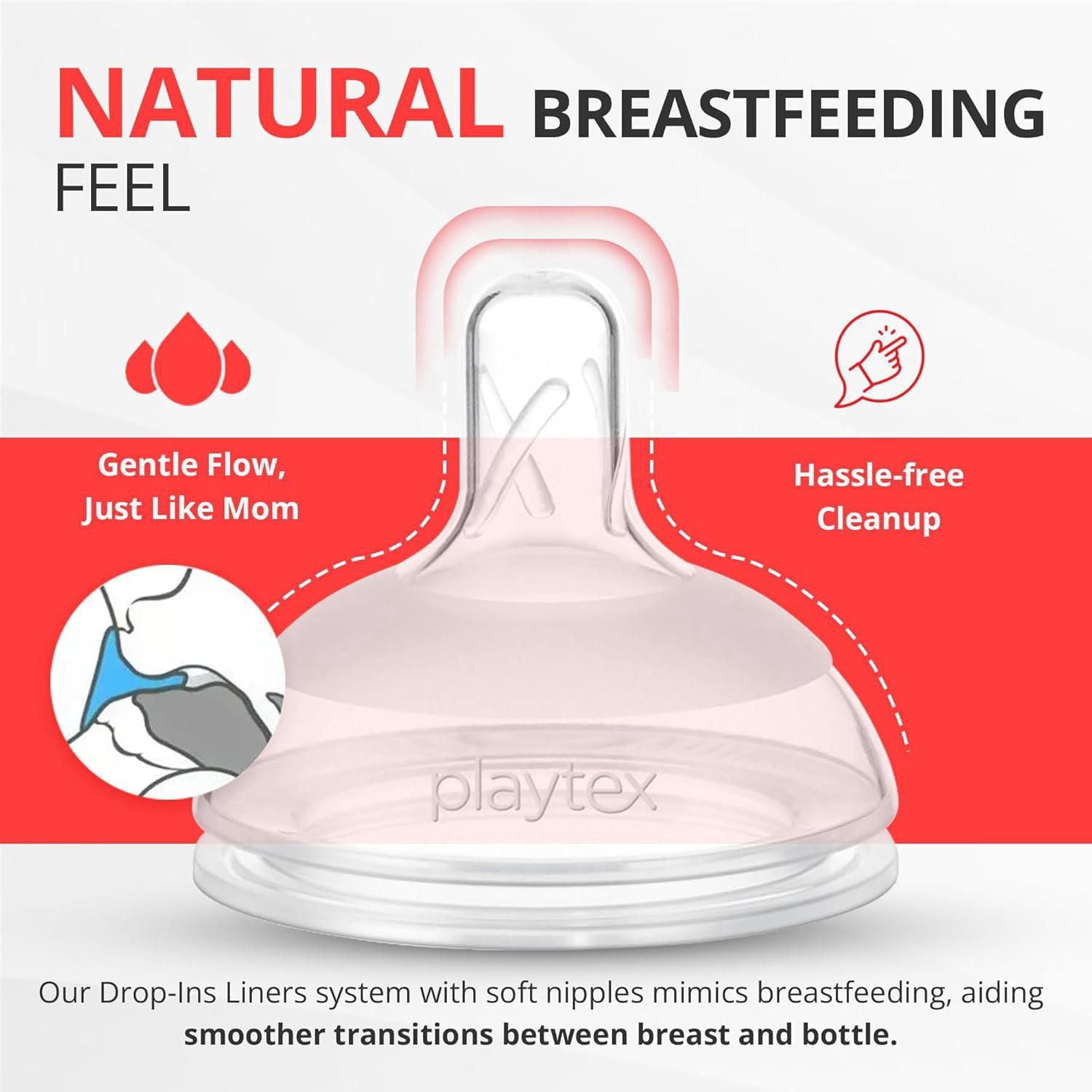Playtex Baby® Anti-Coliques, Réduit les Gaz, Biberon Nurser Sans Air avec 15 Doublures Jetables Drop-Ins Pré-Stérilisées, Plus Près de l'Allaitement, Biberons 3x4oz