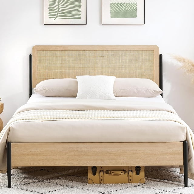 Metal bed frame with rattan headboard and wooden footboard in a boho style platform design, featuring a light oak finish. Suitable for Queen or Full size mattresses, it offers underbed storage space, rounded corners for safety, and a sturdy metal frame with EVA mute strips for noiseless use. Displayed in a modern bedroom setting with neutral bedding and decor.