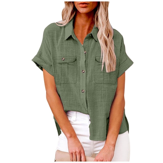 fheaev Button Up Shirts For Women Roll Up Short Sleeve Button Down Cotton Linen T-Shirts With Pocket V-Neck Work Tunics Blouse Collared Tops