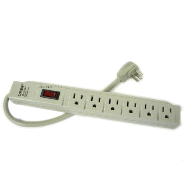 Adaptateur de Parasurtenseur à 6 Prises pour Prise Murale Électrique par TOPZONE, Présentant une Conception beige de Type T avec six Prises Approuvées ETL. Comprend un Cordon d'Alimentation à Angle Plat de 1,5 Pi, une protection contre les Surtensions de 90 Joules et un Disjoncteur de 15 Ampères avec Fonction de Réinitialisation. Boîtier en Plastique Robuste à Fort Impact et Voyant Indicateur d'Alimentation pour Plus de Sécurité et de Commodité.