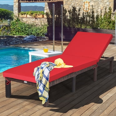 Costway Chaise Longue Inclinable d'Extérieur en Rotin Réglable avec Coussin pour Patio et Cour, Rouge