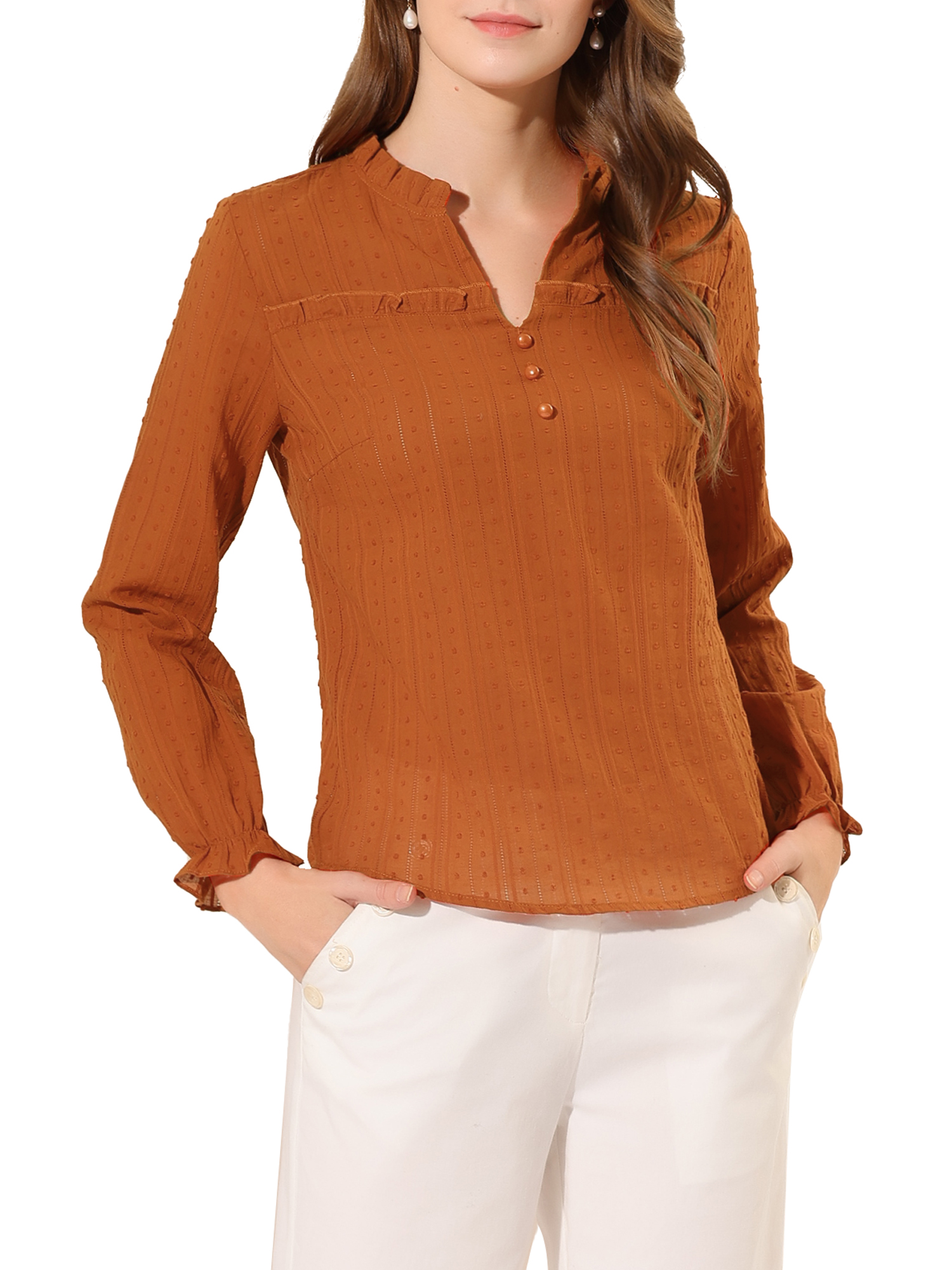 INSPIRE CHIC Blouse à Pois Suisses à Volants Col en V pour Femmes m Marron