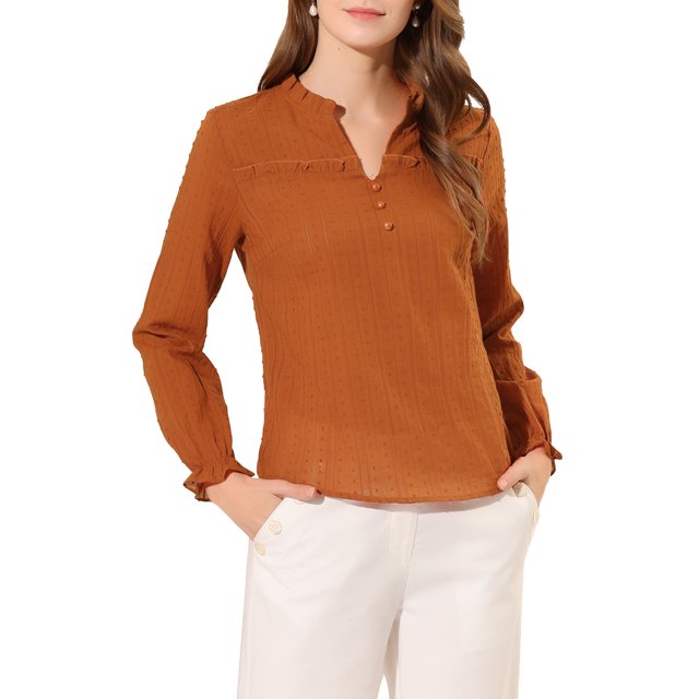 INSPIRE CHIC Women's Ruffle V Neck Swiss Dots Hollow Out Blouse M Brown