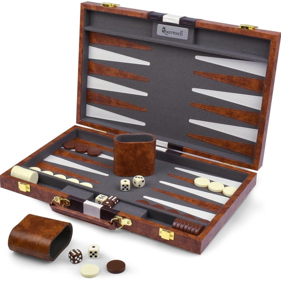 Ensemble de Backgammon Queensell en Cuir 19x15 cm avec 32 Pcs