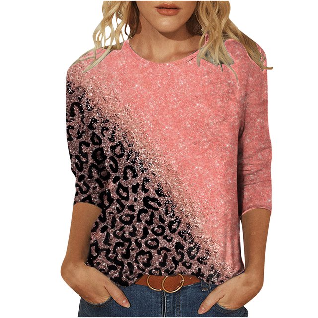 Pompotops T-shirt Ample à Imprimé Léopard pour Femme, Manches 3/4, Col Rond, Haut Décontracté, Liquidation