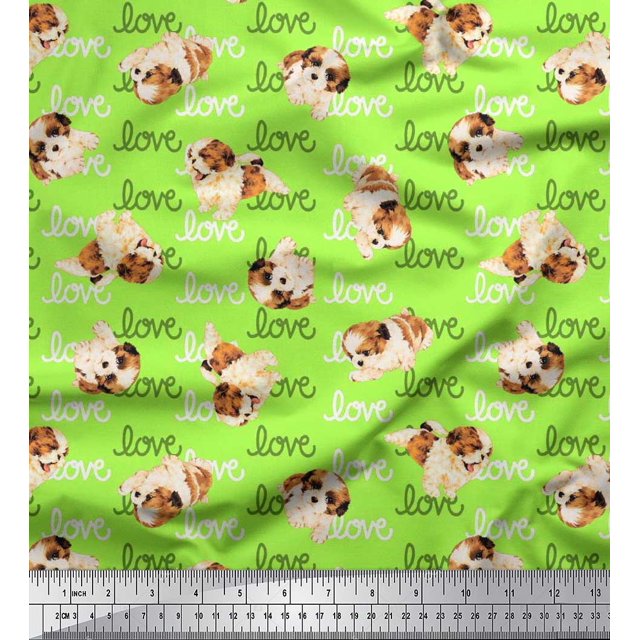 Soimoi Poly Georgette Fabric Love Text & Puppies Dog Printed Craft Fabric by the Yard 52 Inch Wide