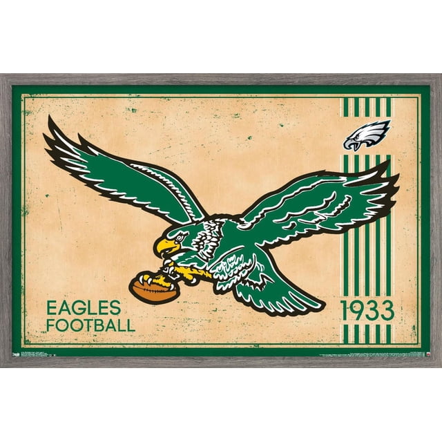 NFL Philadelphia Eagles - Affiche Murale Logo Rétro 14, 22,375 Pouces x 34 Pouces Encadrée Présentant un Aigle Vert et Blanc de Style Vintage Centré Serrant un Ballon de football Brun sur un Fond Texturé beige avec une Bordure Verte, Petit Logo Eagles, Rayures Vertes Verticales, et l'Année 1933, art Mural Idéal pour la Déco de la Maison, les Bureaux Ou les Chambres de Fans de Sport.