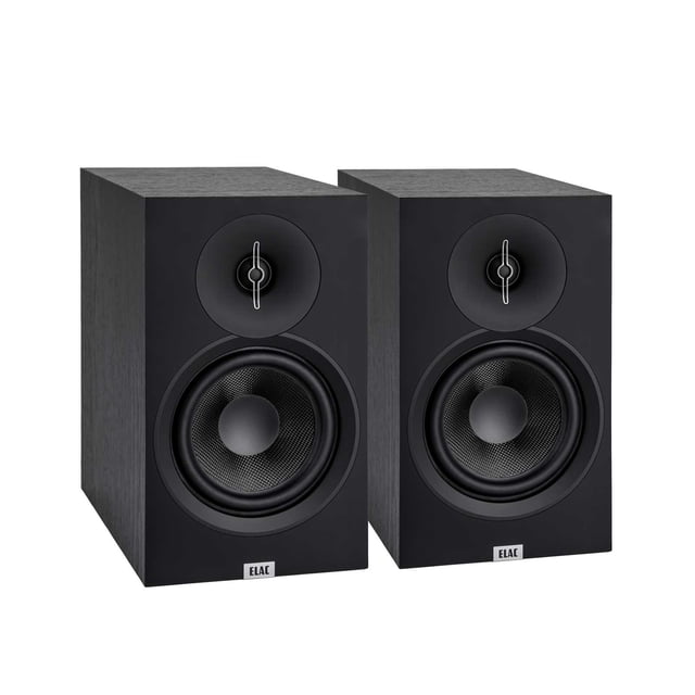 ELAC Debut 3.0 DB63-BK Haut-Parleurs d'Étagère (Paire) en Fini Noir, Montrés dans une Vue Orientée vers l'Avant. Chaque Haut-Parleur Présente un tweeter Circulaire et un woofer Plus Grand, Conçus pour une Qualité Sonore Exceptionnelle. Ces Haut-Parleurs Font Partie de la Série ELAC Debut, Conçue pour les Passionnés d'Audiovisuel à la Recherche d'Une performance Haut de Gamme.