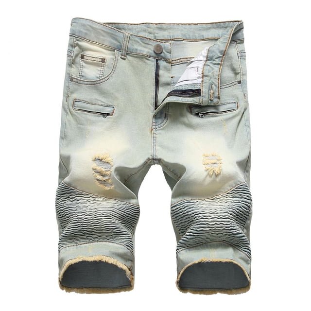 Cameland Men's Ripped Denim Trunks Stretchy Washed Jeans Trunks Cut-off Classic Fit Biker Jeans Trunks