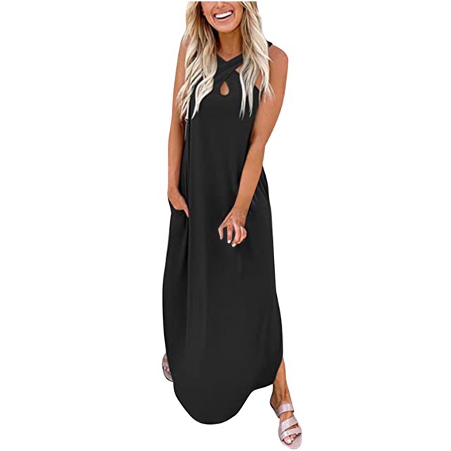 Lenago Robe Maxi Grande Taille pour Femmes Décontractée Ample Été Longue Robe Sans Manches Fendue Plage Maxi Robes avec Poches Robes de Plage Été en Solde