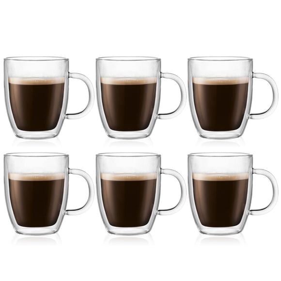 Bodum 10oz Bistro Tasse Isolée à Double Paroi, Verre Borosilicaté Résistant à la Chaleur, Ensemble de 6, Transparent