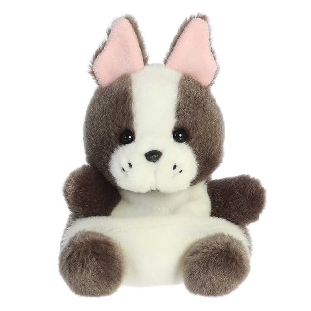 Aurora Palm Pals - Beau French Bulldog 5-inch stuffed animal plush toy with soft, fluffy brown and white fur, pink inner ears, and black button eyes. Filled with bean pellets for stability, suitable for all ages.