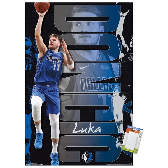 NBA Dallas Mavericks - Luka Doncic 19 Wall Poster, 22.375" x 34" featuring Luka Doncic in blue Dallas Mavericks uniform number 77 jumping to shoot a basketball. The background shows large stylized 'DALLAS' text with a grayscale image of Luka in the same jersey, the Dallas Mavericks logo, and the name 'Luka' in white script. Printed on glossy paper, ideal for sports-themed room décor.