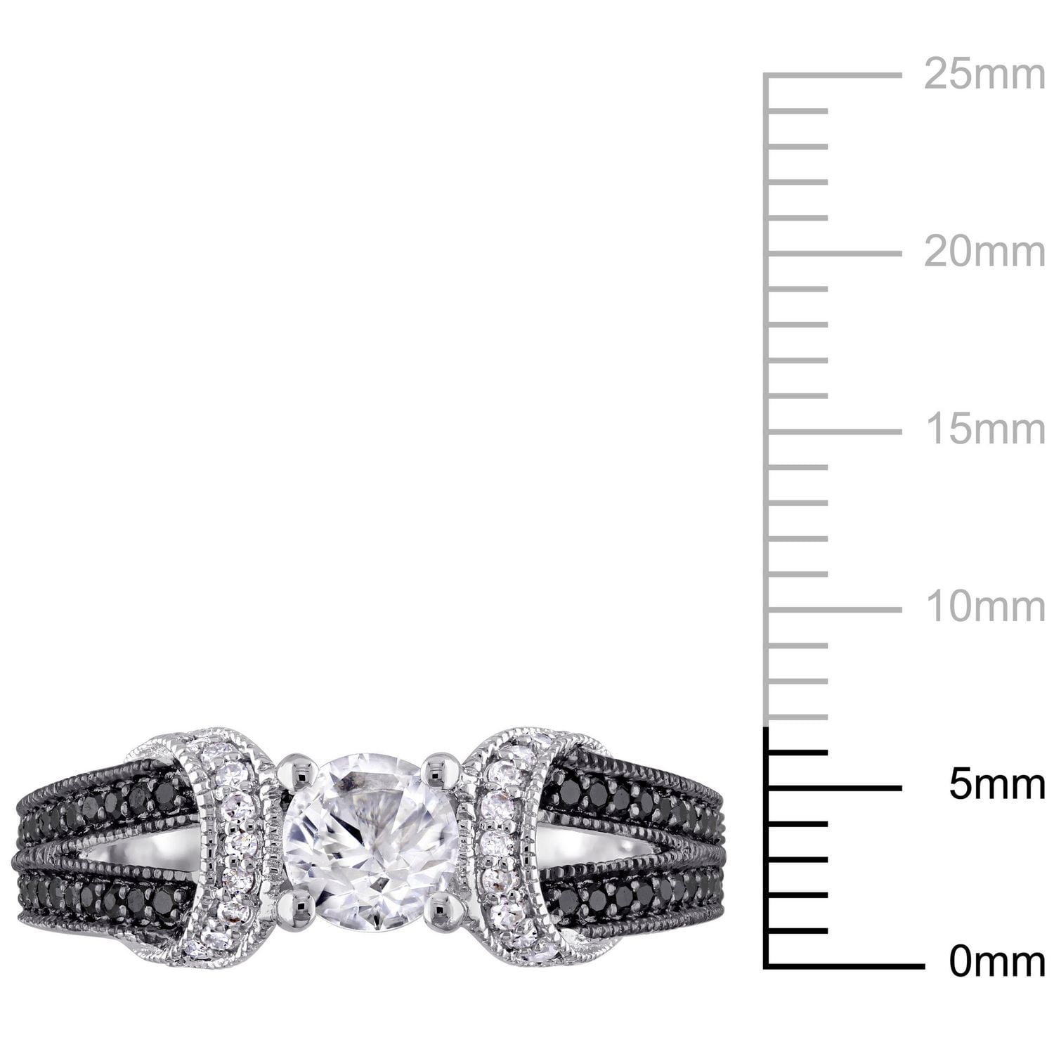 Bague de fiançailles Asteria avec saphirs blancs synthétiques de 0,63 ct PBT et diamants noirs de 0,25 ct poids total en argent sterling