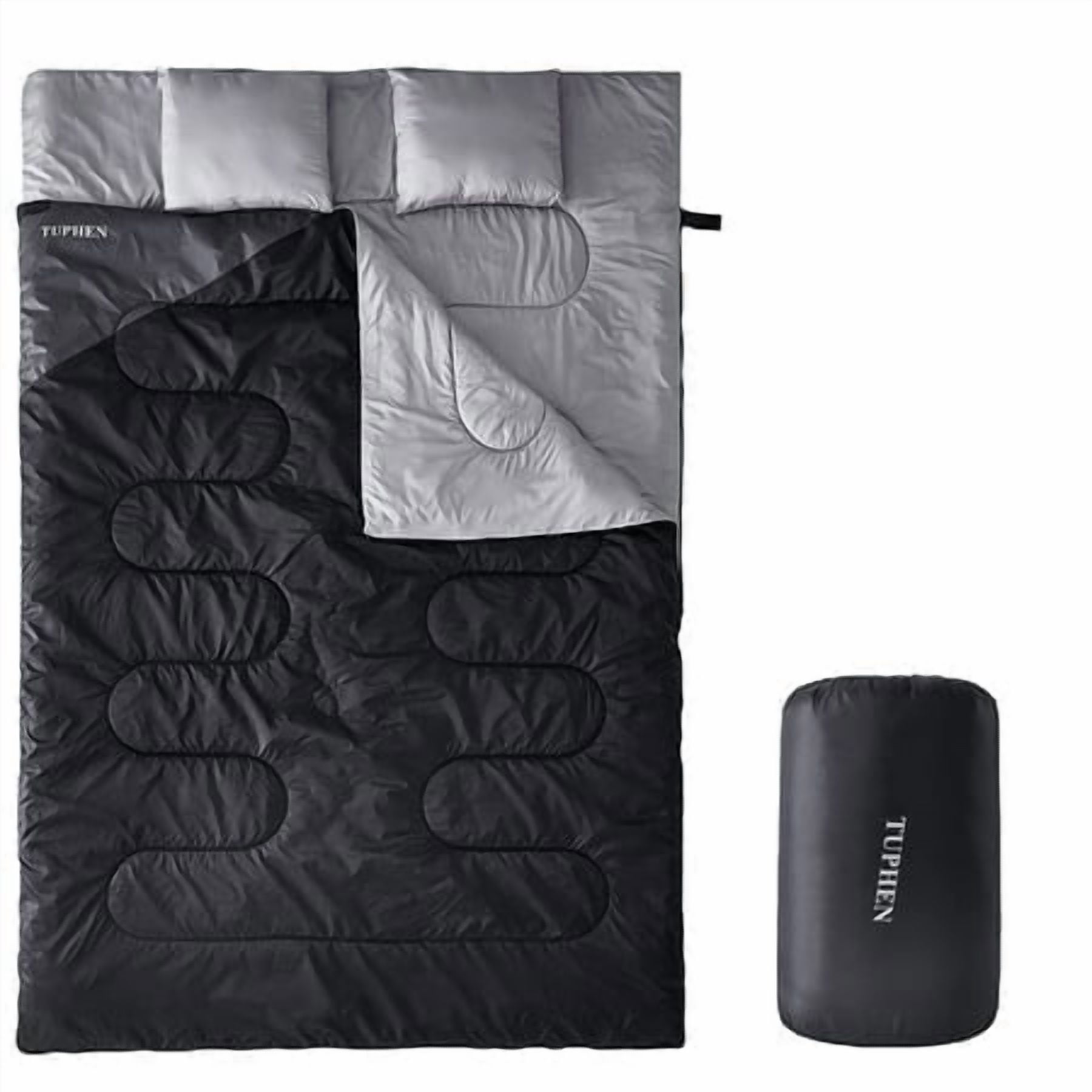Tuphen Double Sleeping Bag with 2 Pillows, Queen Size XL Bag for 2 People, Cold Warm Weather- 3 Seasons, Waterproof Adults Sleeping Bag for Camping, Backpacking or Hiking