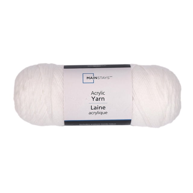 Mainstays Acrylic Yarn white medium weight worsted 100% acrylic skein with label, ideal for hand knitting and crocheting apparel, accessories, and home decor projects, machine washable and easy care.