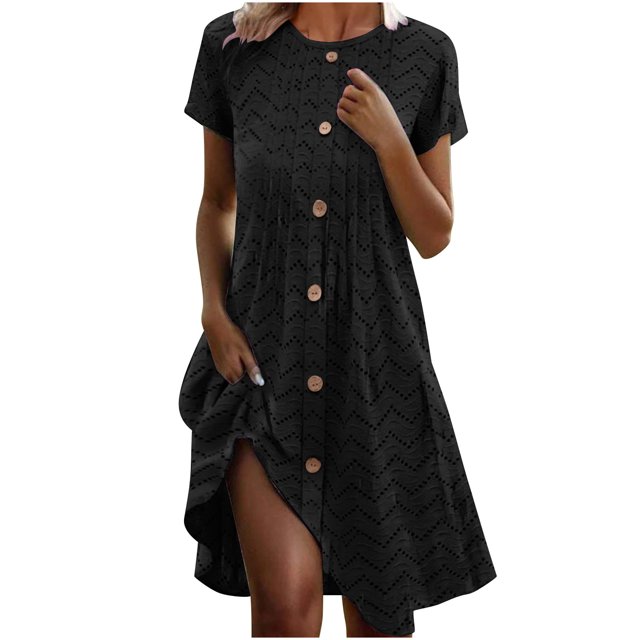 Mgmyaa Robe d'Été Décontractée pour Femme à Manches Courtes, Midi à Boutons, Robe de Plage, de Voyage et de Vacances