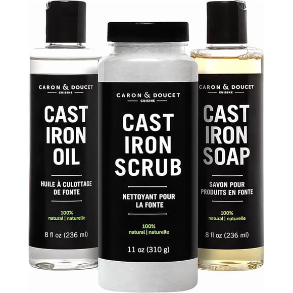 Caron & Doucet - Ensemble de Soins Ultimes pour la Fonte Huile d'Assaisonnement, Savon de Nettoyage et Gommage Réparateur / 100 % d'Origine Végétale et Idéal pour Nettoyer, Laver, Restaurer et Assaisonner Poêles, Casseroles, Grils en Fonte et Plus!