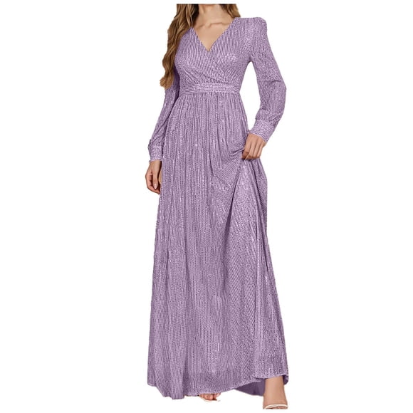 Women's Sequin Tulle Maxi Formal Dress, Long Sleeve V-Neck Pleated Empire Waist Wedding Guest Party Gown,Purple,S