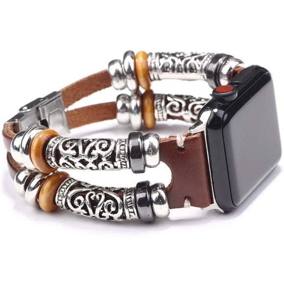 Compatible with Apple Watch Band 44/42mm 40/38mm iwatch Series 6 5 4 3 2 1 SE, Leather Boho Bracelets Jewelry Multilayer Metal Cuff Retro Strap for Men Women (Brown, 40/38mm)