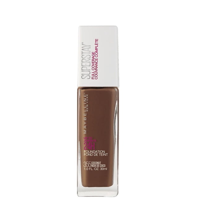 Maybelline New York Super Stay® Full Coverage Foundation 30 ml in shade 355 Coconut, a clear rectangular glass bottle with brown liquid foundation and a white cap labeled for 24-hour full coverage wear, ideal for long-lasting makeup application.