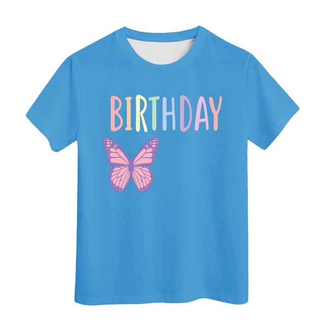 PMVFHDE Hauts de Bain pour Fille T-Shirt Fille d'Anniversaire à Manches Courtes T-Shirt d'Été à Col Rond Coupe Décontractée Chandails de Base Bleu Pâle, 6-7 Ans