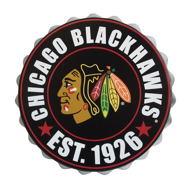 Forever Collectibles Chicago Blackhawks Bottle Cap Wall Logo featuring a large metal bottle cap replica with the Chicago Blackhawks team logo printed on the front. The design includes the team name, logo, and 'Est. 1926' text in bold white and red accents on a black background. Measures 13 inches in diameter and 1.25 inches thick, with a small hook on the back for easy wall hanging. Officially licensed and suitable for home décor or fan spaces.