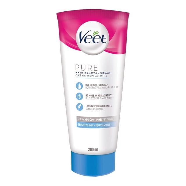 VEET® Pure™ Hair Removal Cream for Sensitive Skin, Legs & Body in a 200 mL white tube with pink top and blue cap, featuring a pure formula with fewer ingredients, no ammonia smell, and long-lasting smoothness, suitable for gentle hair removal on sensitive skin.
