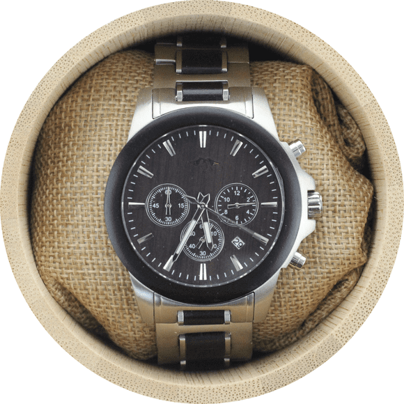 Angie Wood Creations Stainless Steel and Ebony Men’s Watch with Black Dial
