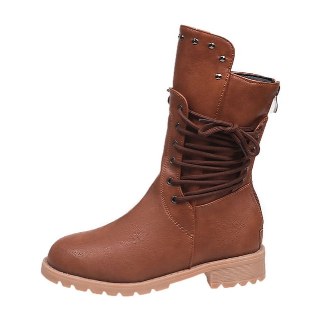 LOVZFMLL Bottes pour Femmes Mi-Mollet Bottes d'Hiver à Lacets Bout Rond Sangles Ajustables Talon Bas Épais Décontractées Mode Automne Chaussures