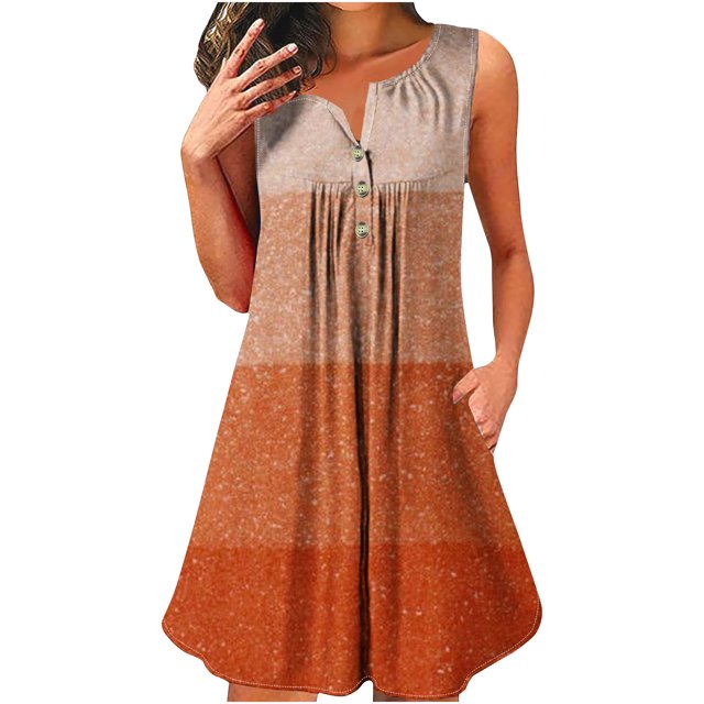 Dvkptbk Robe d'Été Décontractée pour Femme 2024 à Col Rond, Manches Courtes, à Blocs de Couleur, Robe de Plage Boutonnée, Ourlet Évasé, Fluide, Plissée, T-Shirt, Midi, Courte