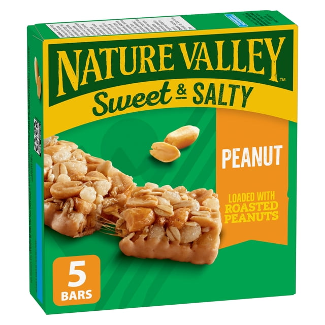 Nature Valley Sweet & Salty Granola Bar Peanut 5ct box showing two chewy granola bars with whole roasted peanuts and whole grain oats coated in creamy nut butter on a green and yellow package, suitable for quick snacks or hiking.