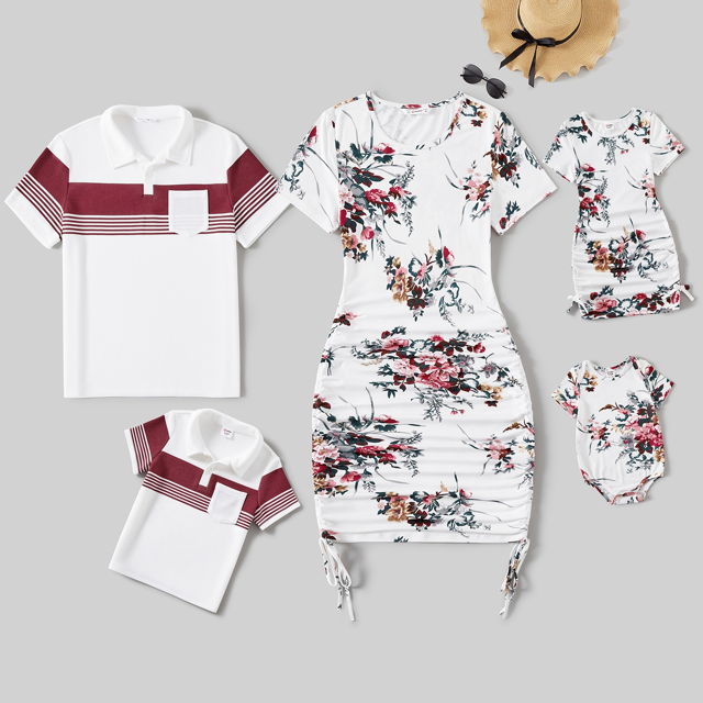 PatPat Family Matching All Over Floral Print Short-sleeve Drawstring Ruched Bodycon Dresses and Colorblock Short-sleeve T-shirts Sets
