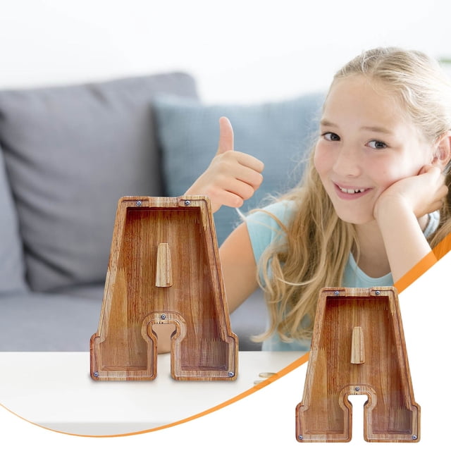 LSLJS Wooden English Letter Saving Can Transparent Glass Saving Can, Piggy Bank