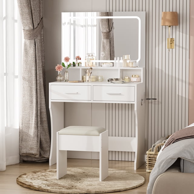 AKDSteel Vanity Desk With Mirror And Lights, 3 Color Modes Makeup Vanity, Includes Cushioned Stool, 2 Drawers, And Charging Station, Perfect Modern Dressing Table For Bedroom Or Makeup Studio