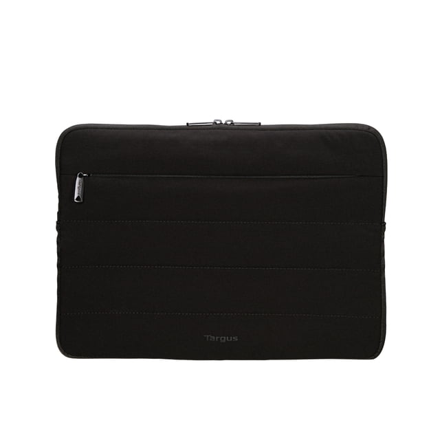 Targus Puffer Sleeve 13-14" in black with a super soft, padded exterior and plush velboa interior lining for laptop protection, featuring a large front zippered pocket for accessories, lightweight and packable for everyday carry.