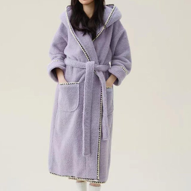RXIRUCGD Mode Femmes Décontracté Uni Manches Longues Dames Ample Poche Garder au Chaud Peignoirs Faux Velours Tenue de Nuit Robe Chemises de Nuit( Violet, Taille:L )