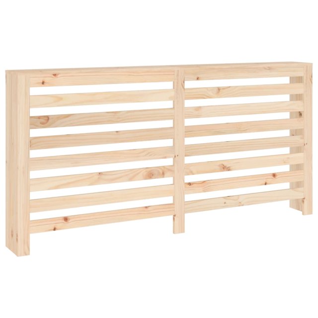 vidaXL Radiator Cover Office Heating Cabinet Cupboard Shelf Solid Wood Pine featuring a modern slat design. Made from untreated solid pine wood with a natural grain and rustic knots, this cover measures 66.5 inches in length, 7.5 inches in width, and 33.1 inches in height. It includes a practical shelf for displaying books, photo frames, or ornaments, making it a functional and decorative addition to any office or home space. Assembly manual included.