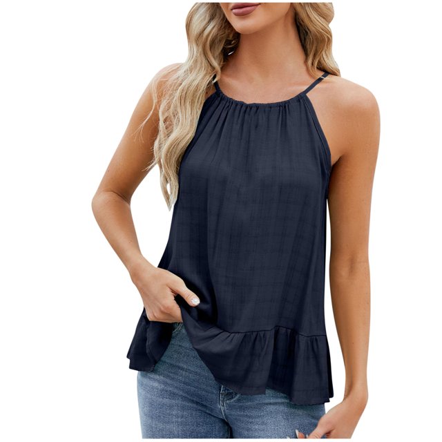 AherBiu Tank Tops for Women 2024 Flowy Loose Halter Neck Camisole Ruffle Sleeveless Cute Vacation Tops