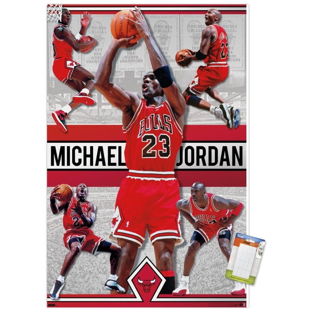 Michael Jordan - Collage Wall Poster, 22.375" x 34" featuring multiple action shots of Michael Jordan in his red Chicago Bulls number 23 uniform performing basketball moves like shooting, dunking, and dribbling, set against a background with Chicago Bulls championship banners and the Bulls logo at the bottom, suitable for sports-themed room decor.