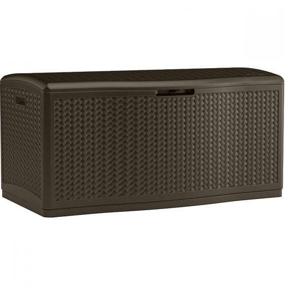 Suncast 124 gal Extra-Large Resin Deck Box – Wicker Design Outdoor Storage with Reinforced Lid - Java