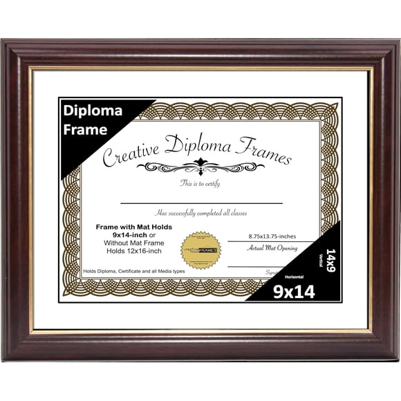 Creative Picture Frames 9x14 Mahogany Gold Rim Diploma Frame with White Mat Glass Easel and Installed Wall Hangers | Frame Holds 12x16 Media without Mat