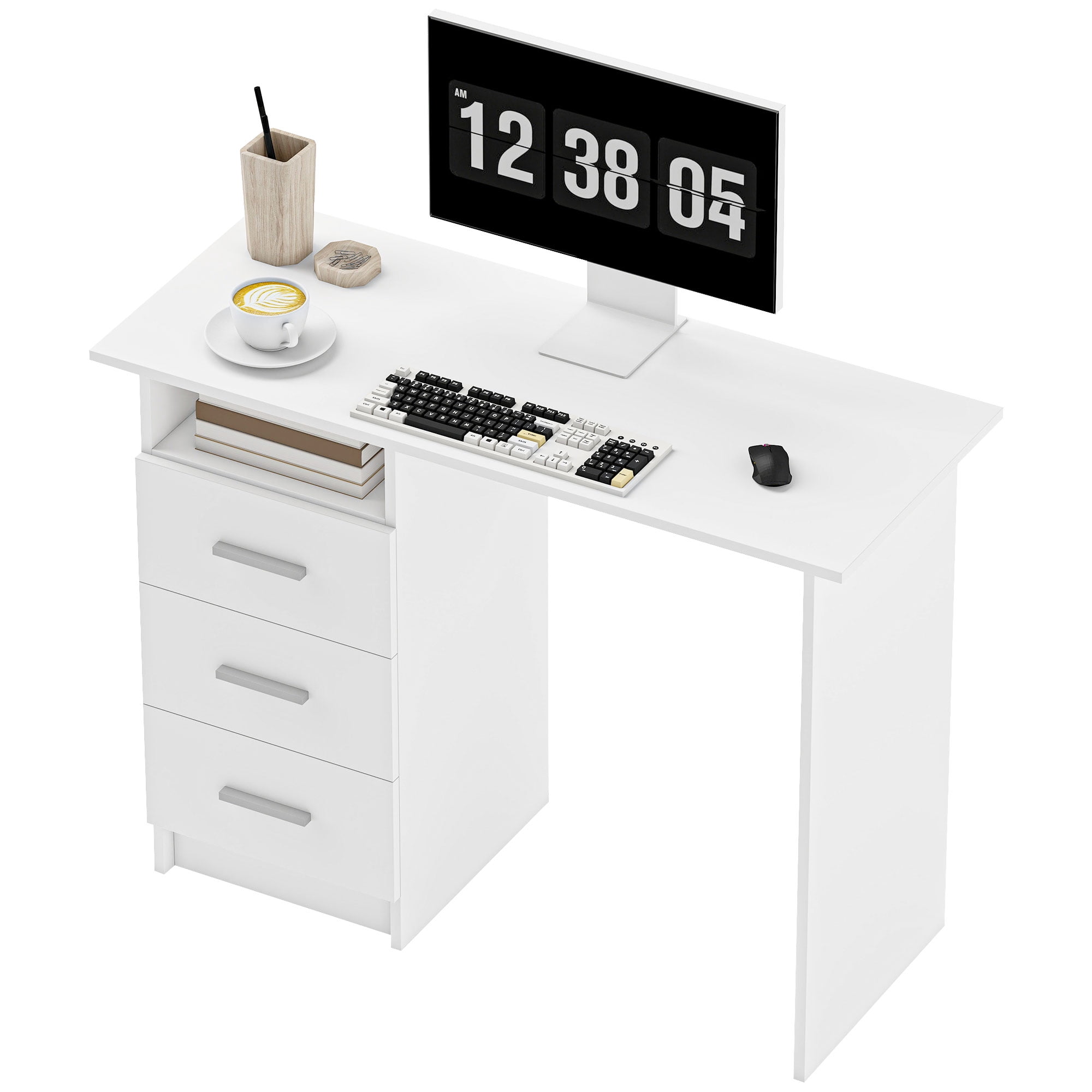 CoSoTower Computer Desk with Storage, 39" Home Office Desk with 3 Drawers nad Open Shelf, Writing Table for Bedroom, White