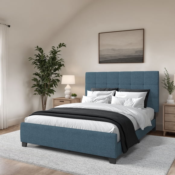 CorLiving Monroe Lit Plateforme Double/complet Rembourré en Tissu avec Tête de Lit Capitonnée et Pattes en Bois, Aucun Sommier Requis, Bleu Océan