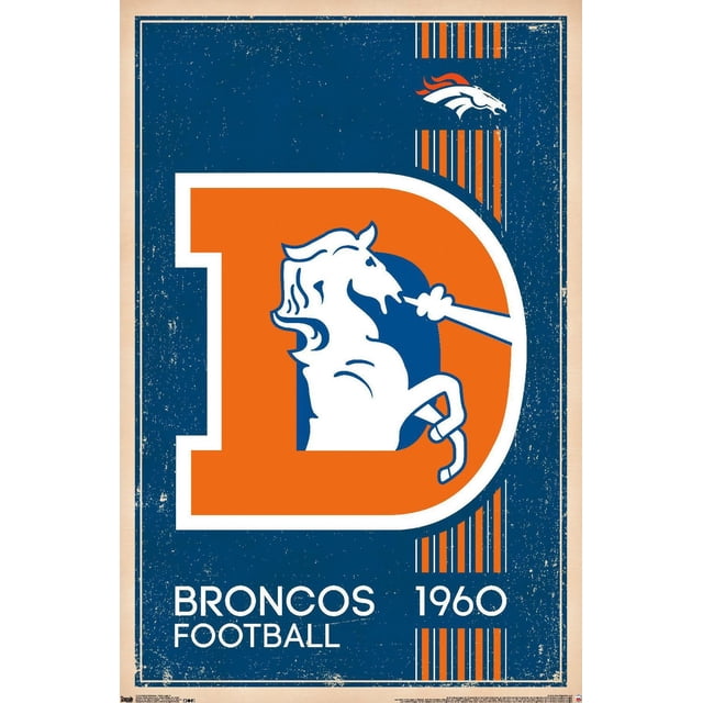 NFL Denver Broncos - Retro Logo 14 Wall Poster, 22.375" x 34" with a vintage design featuring a large orange D containing a white rearing horse blowing smoke, set on a textured navy blue background with orange and white vertical stripes and 'BRONCOS FOOTBALL 1960' text, suitable for sports fan room or party decor.