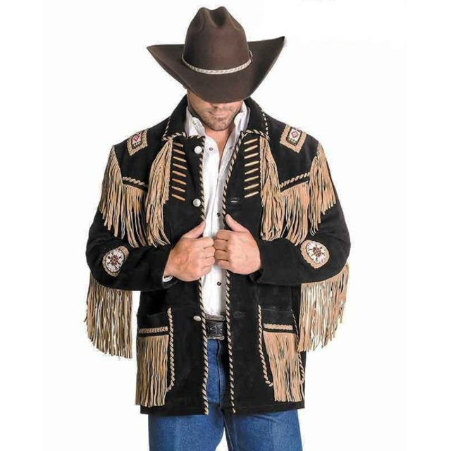 Bestzo Mens Western Fringed & Bonned Cowboy Suede leather Jacket Black