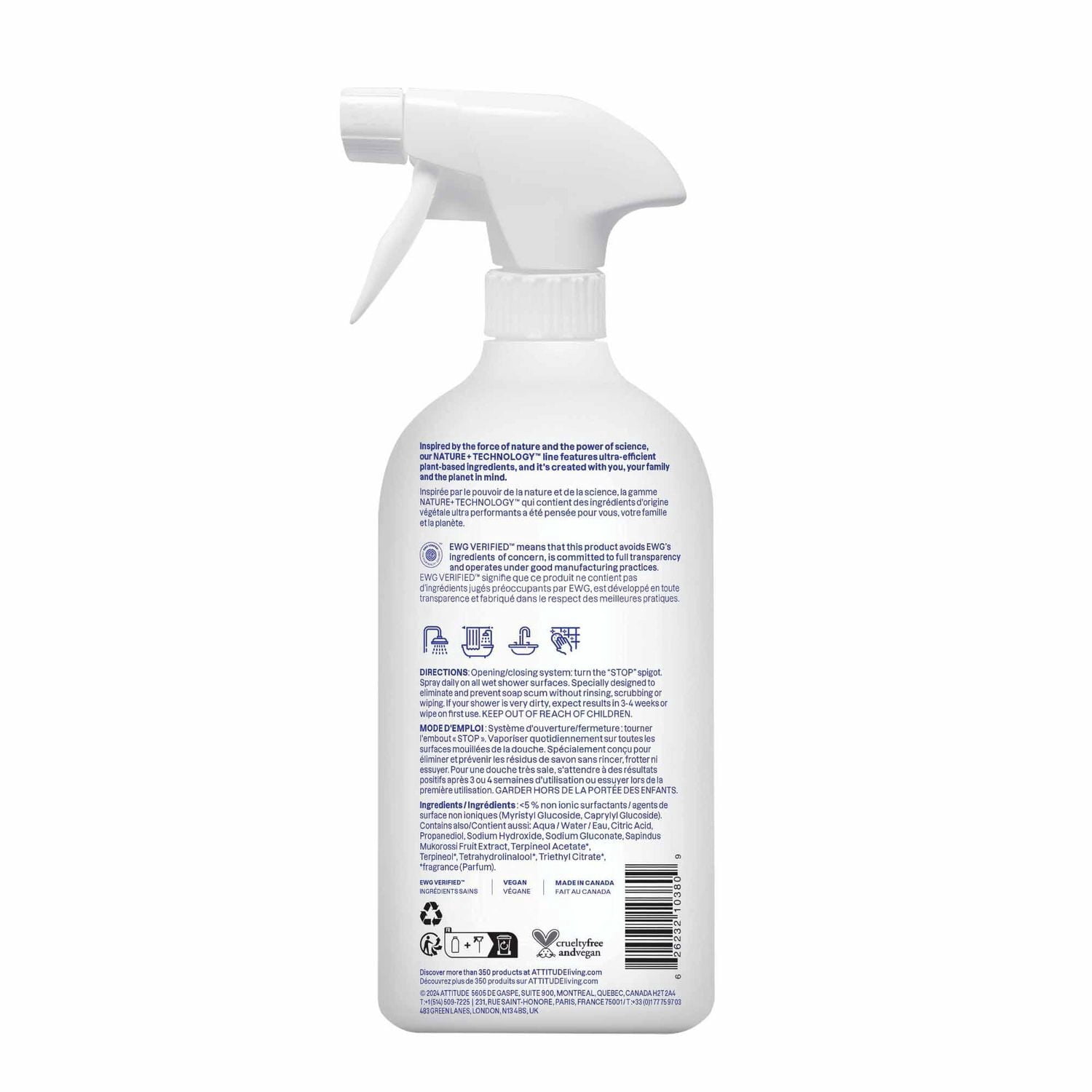 ATTITUDE Nettoyant Douche & Tuiles en Vaporisateur, Nettoyant Naturel, Zeste d'Agrumes, 800ml